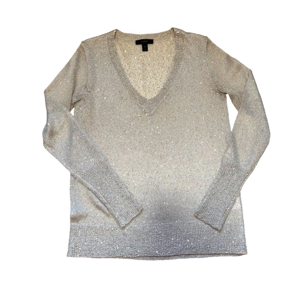 J.Crew Metallic Sparkle Sheer Knit V Neck Sweater Gold Silver XS